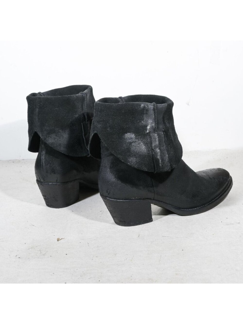 Black Suede Western Ankle Boots Reversed Cuff Texan Almond Toe Made in Italy Wom - Picture 3 of 8